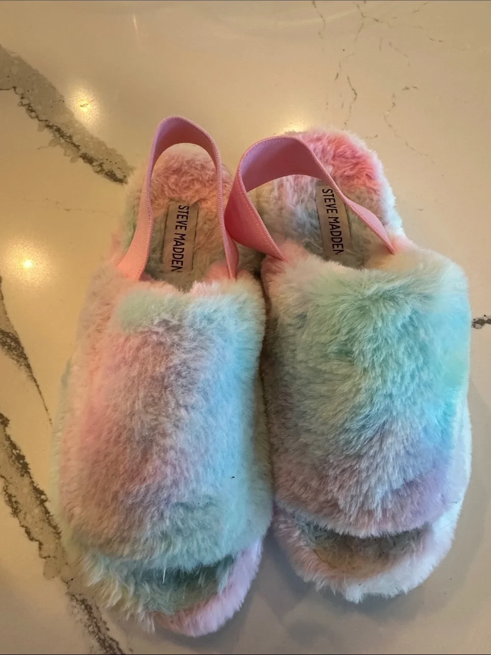 Steve Madden Pastel Rainbow Fuzzy Slip-On Slippers with Pink Heel Strap